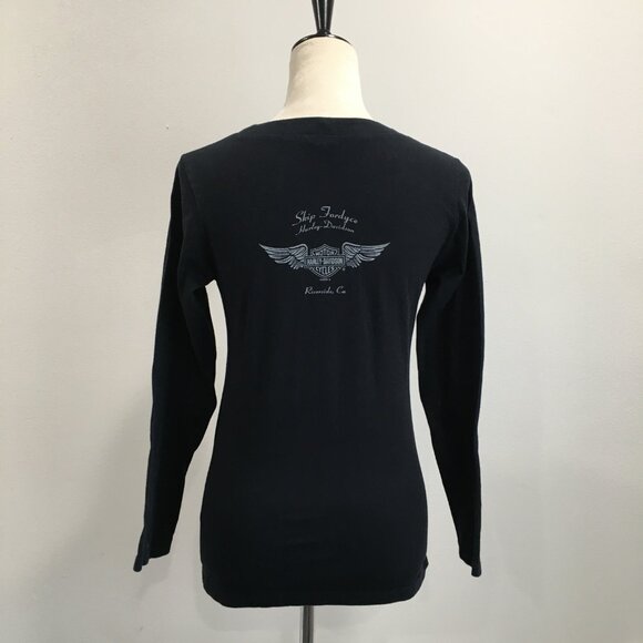 HARLEY DAVIDSON Black White Print Riverside CA Cut V Neck Tie Collar Shirt - Picture 9 of 13